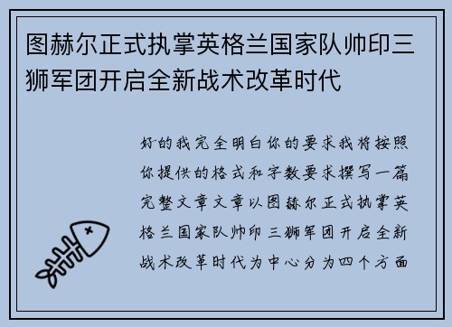 图赫尔正式执掌英格兰国家队帅印三狮军团开启全新战术改革时代